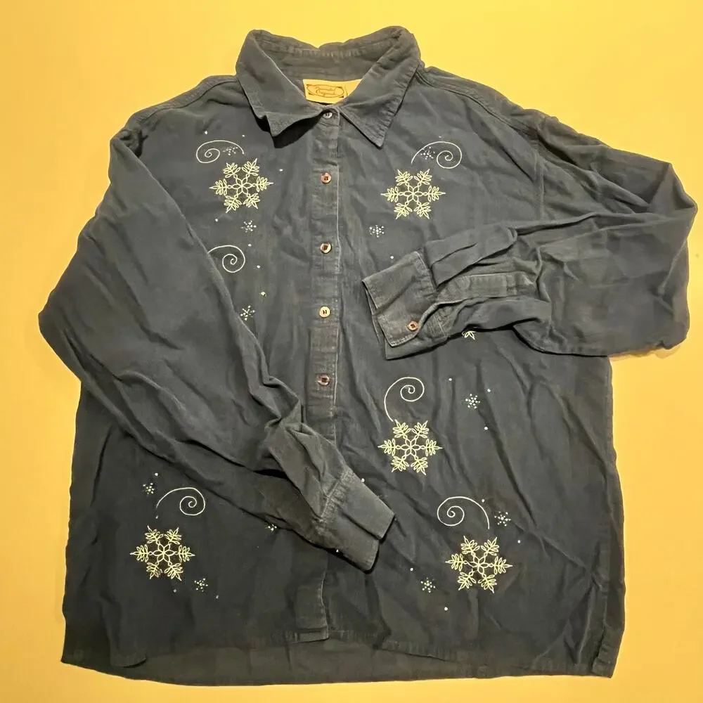 Decorated Originals Corduroy Christmas Shirt Womens XL Cotton‎ Blue Snowman